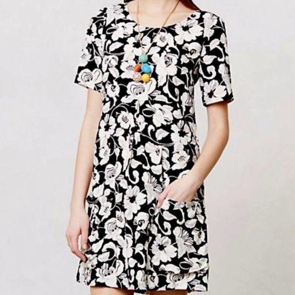 Anthropologie Maeve Zola Womens Floral Shift Dress Black White Pockets Size 12 - Picture 1 of 5